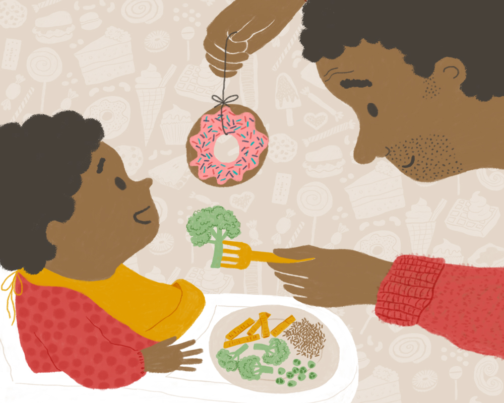 Cartoon of parent offering child broccoli and a donut