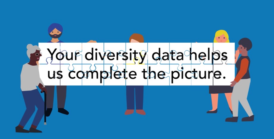 Campaign image showing people holding jigsaw pieces saying "Your diversity data helps us complete the picture."