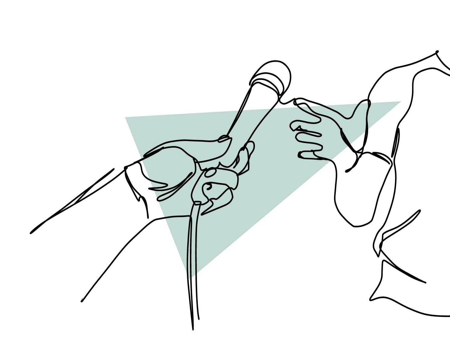 drawing of a person handing a microphone to someone else