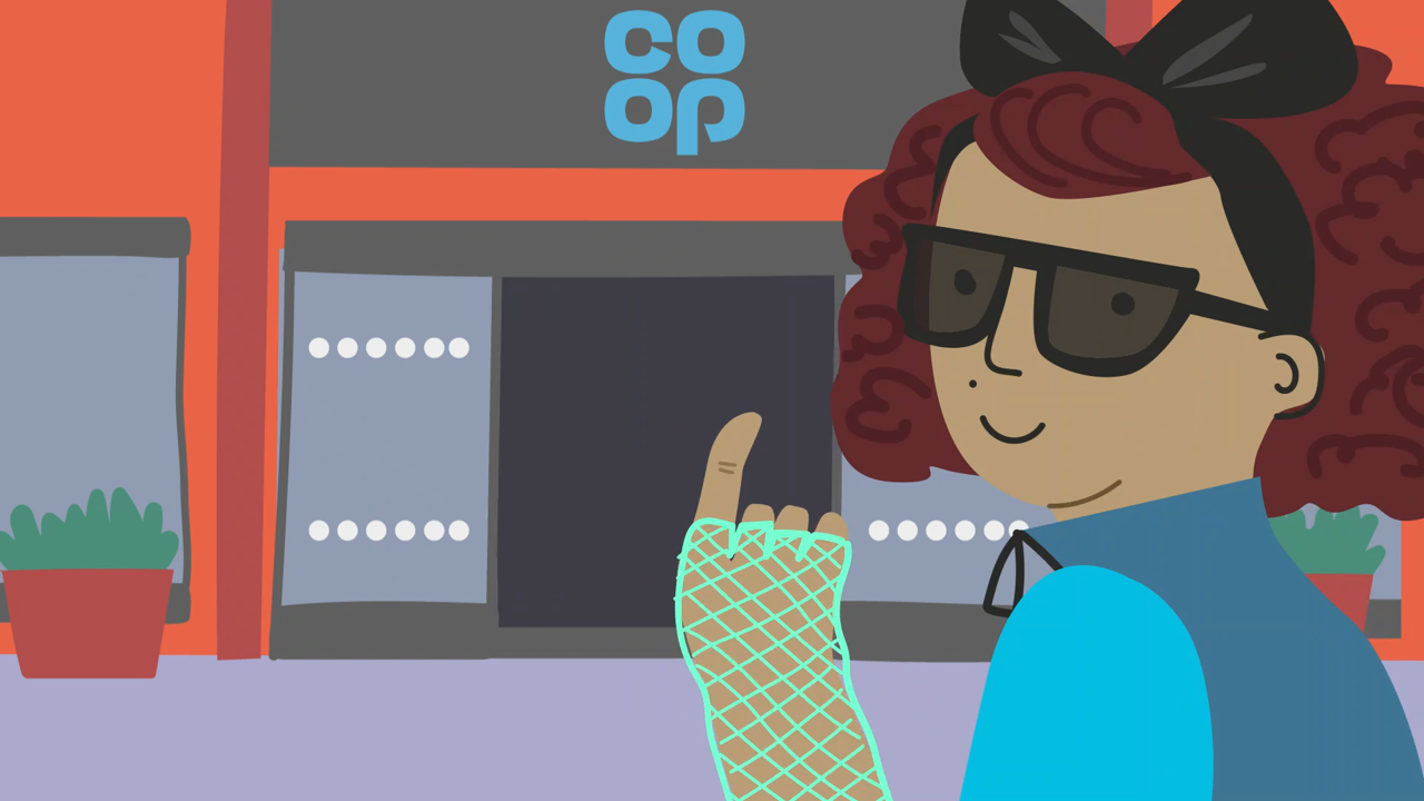 Cartoon image of Into the Groove character in front of a Co-op store.