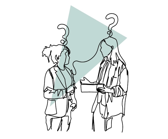 line drawing of two people asking questions