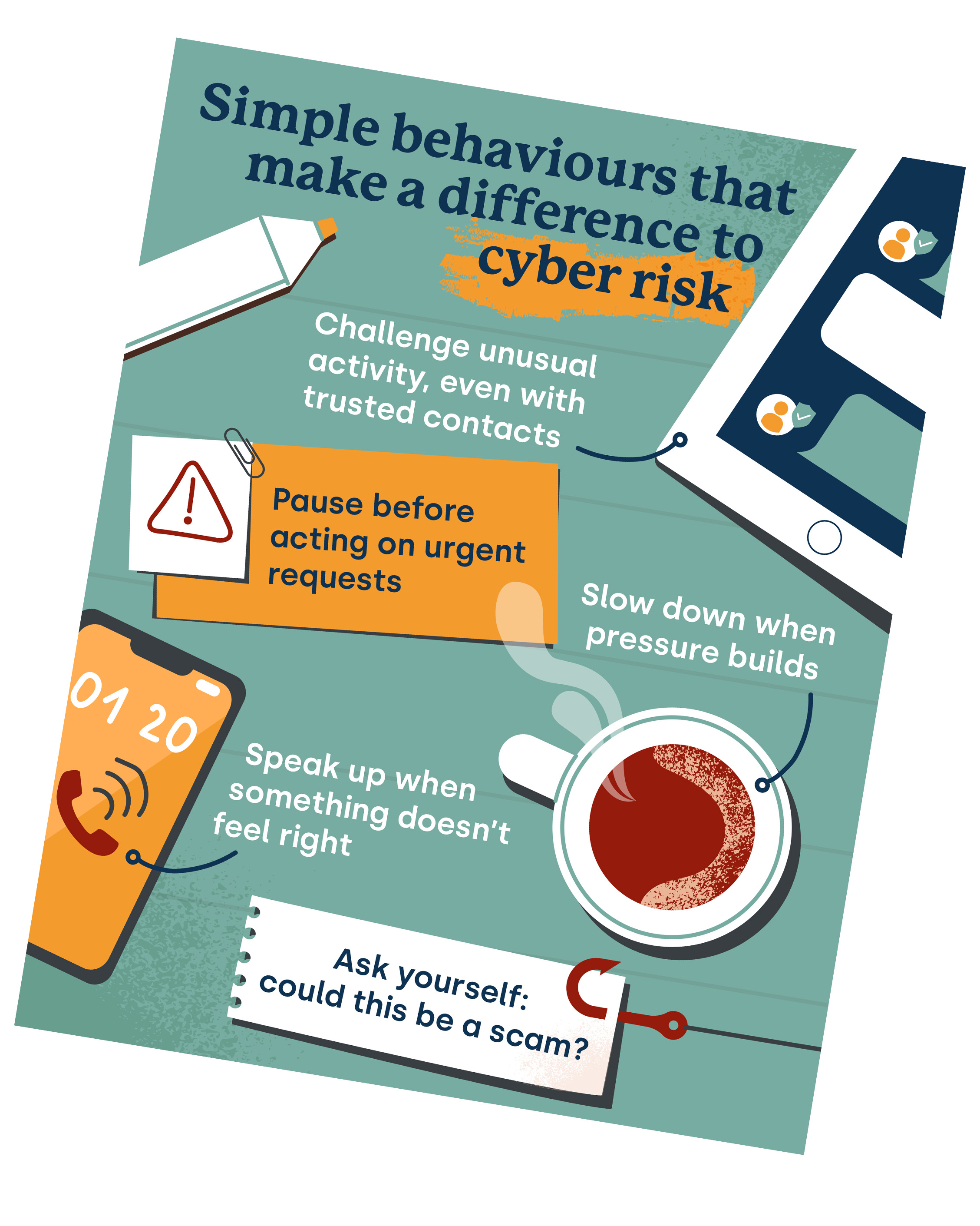 Illustrated infographic: simple behaviours that make a difference to cyber risk, shown on a desk with a phone, tablet and coffee cup.