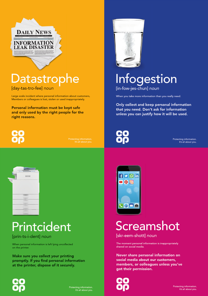 Posters for Co-op GDPR - datastrophe, infogestion, printcident and screamshot