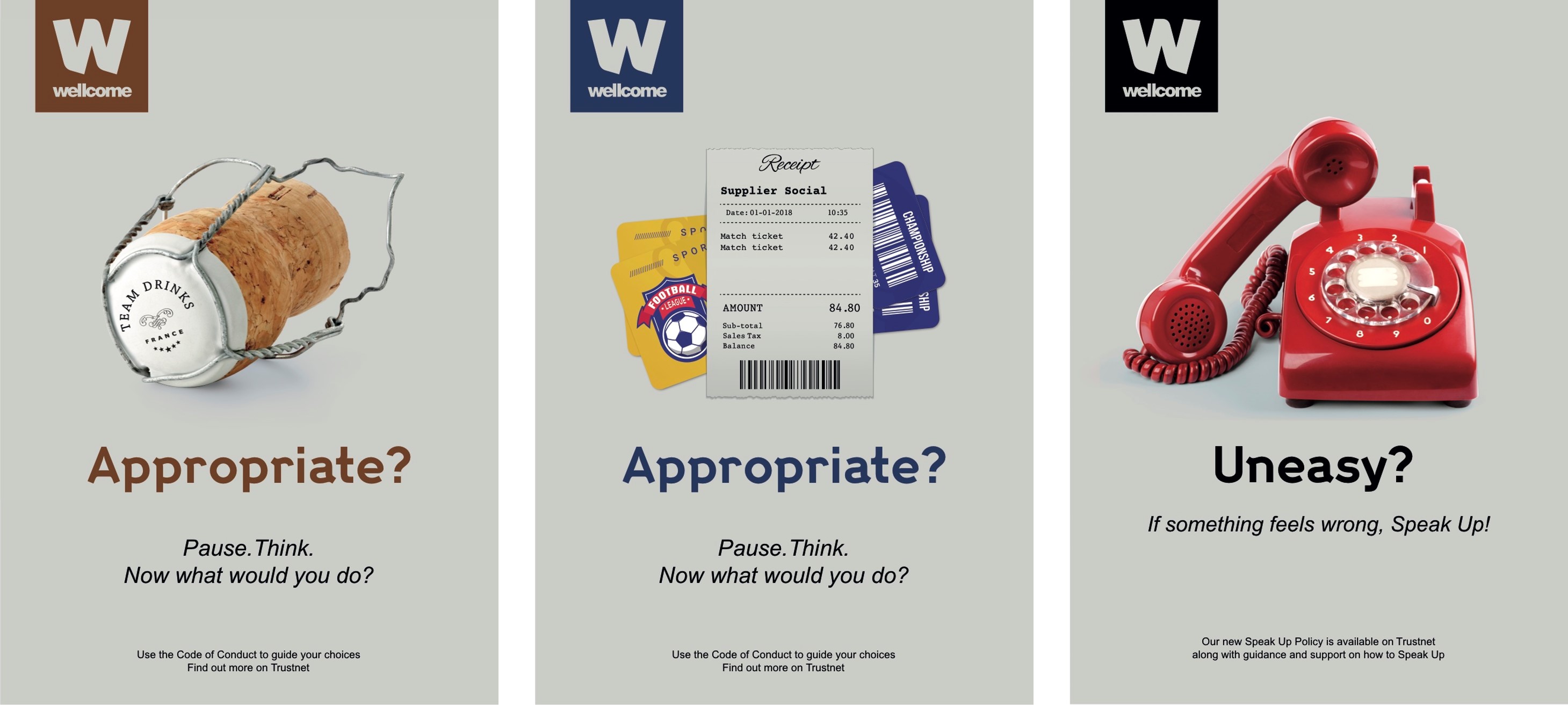 Posters asking employees to think whether a work scenario is appropriate. Champagne cork, football tickets, telephone..