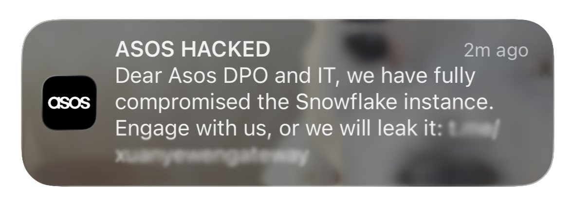 ASOS app push notification sent by hackers threatening to leak customer data.